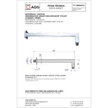 Кронштейн настенный квадратный AQG STILUS, длиной 35 см, для верхнего душа, хром, 12STI0120