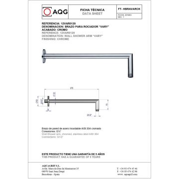Кронштейн настенный круглый AQG, VARY, длина 37,5 см, для верхнего душа, хром, 12VAR0120