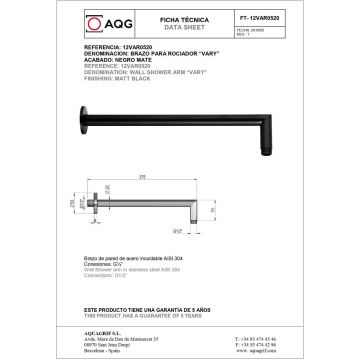 Кронштейн настенный круглый AQG, длина 37,5 см, для верхнего душа, черный матовый, 12VAR0520