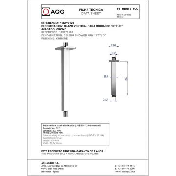 Кронштейн потолочный квадратный AQG STYLO, длина 20 см, для верхнего душа, хром, 12STY0120