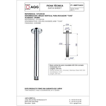 Кронштейн потолочный AQG TUVE, длина 20 см, для верхнего душа, хром, 12TUV0120