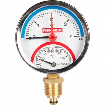 Термоманометр радиальный Rommer (Роммер) в комплекте с автоматическим запорным клапаном, корпус Dn 80 мм 1/2 дюйма , 0...120°C, 0-4 Бар. (RIM-0006-800415)