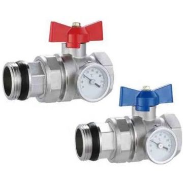 Коллектор Kromwell (Кромвелл) комплект из 2-х прямых шаровых кранов с термометром 1 дюйм, 12.5х19.5х6 см (KW.ST604446S)