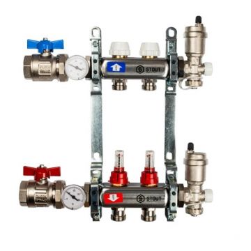 Коллекторный блок с расходомерами Stout (Стаут) в сборе 1 на 3/4 дюйма 2 выхода (SMS 0907 000002)