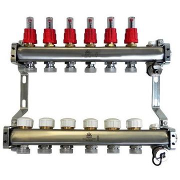 Блок коллекторный Gekon (Гекон) 1 дюйм, со сливными кранами и ручными воздухоотводчиками, 6 отводов 3/4 дюйм (GK 72106)