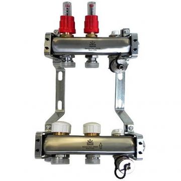 Блок коллекторный Gekon (Гекон) 1 дюйм, со сливными кранами и ручными воздухоотводчиками, 2 отвода 3/4 дюйм (GK 72102)