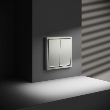 Проходной переключатель встраиваемый Voltum (Вольтум) S70 двухклавишный с подсветкой 10А, (сталь) VLS020405