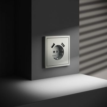 Розетка встраиваемая Voltum (Вольтум) S70 с заземлением и защитными шторками, 16А, с USB, A+A, (сталь) VLS040405