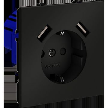 Розетка встраиваемая Voltum (Вольтум) S70 с заземлением и защитными шторками, 16А, с USB, A+A, (черный матовый VLS040408