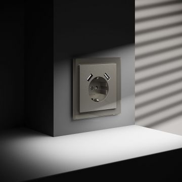 Розетка встраиваемая Voltum (Вольтум) S70 с заземлением и защитными шторками, 16А, с USB, A+A, (шелк) VLS040404