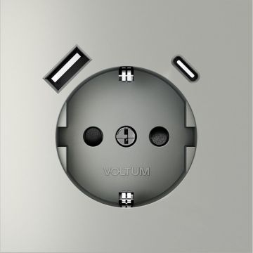 Розетка встраиваемая Voltum (Вольтум) S70 с заземлением и защитными шторками, 16А, с USB, A+С, (сталь) VLS040505