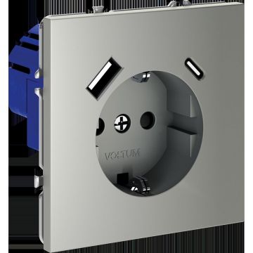 Розетка встраиваемая Voltum (Вольтум) S70 с заземлением и защитными шторками, 16А, с USB, A+С, (сталь) VLS040505