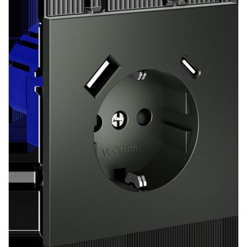 Розетка встраиваемая Voltum (Вольтум) S70 с заземлением и защитными шторками, 16А, с USB, A+С, (титан) VLS040506