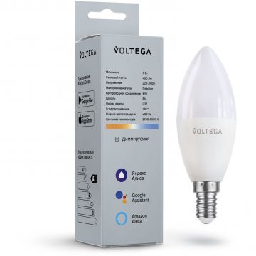 Светодиодная диммируемая лампа Voltega (Вольтега) Wi-Fi E14 5W 2700K VG 2427 свеча матовая