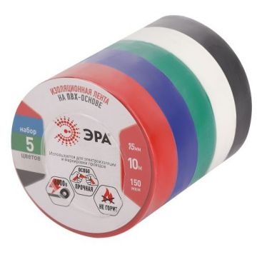 Изолента Эра ПВХ 15ммх10м 5цветов (уп.5шт) C0038781 ERA
