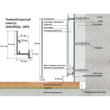 Профиль теневой/скрытый регулируемый под подсветку Laconistiq (Лаконистик) Universal Gips Черный анодированный 3000х25х13,1 мм, 45-11-300