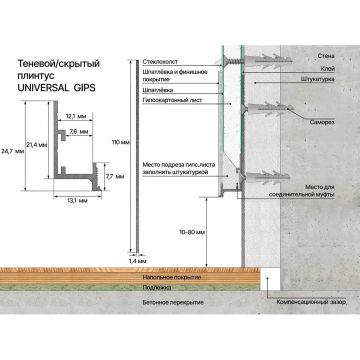 Профиль теневой/скрытый регулируемый под подсветку Laconistiq (Лаконистик) Universal Gips Черный анодированный 3000х25х13,1 мм, 45-11-300