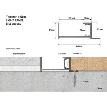 Теневая рейка под подсветку Laconistiq (Лаконистик) Light Panel Черный анодированный 3000х44х17 мм, 10-11-300