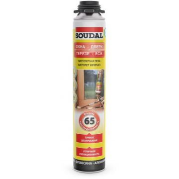 Пена монтажная Soudal (Соудал) Окна-двери пистолетная светло-желтая (выход 65 л) 820 мл
